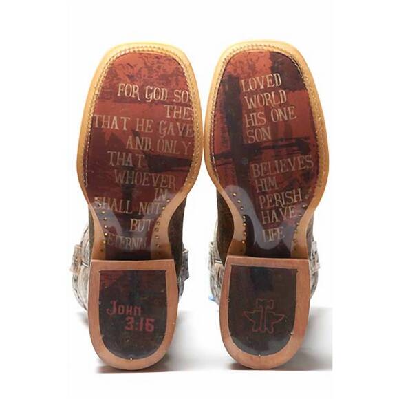 NEW TIN HAUL men\'s john 3:16 bible verse square toe boot with obvious sole in ma